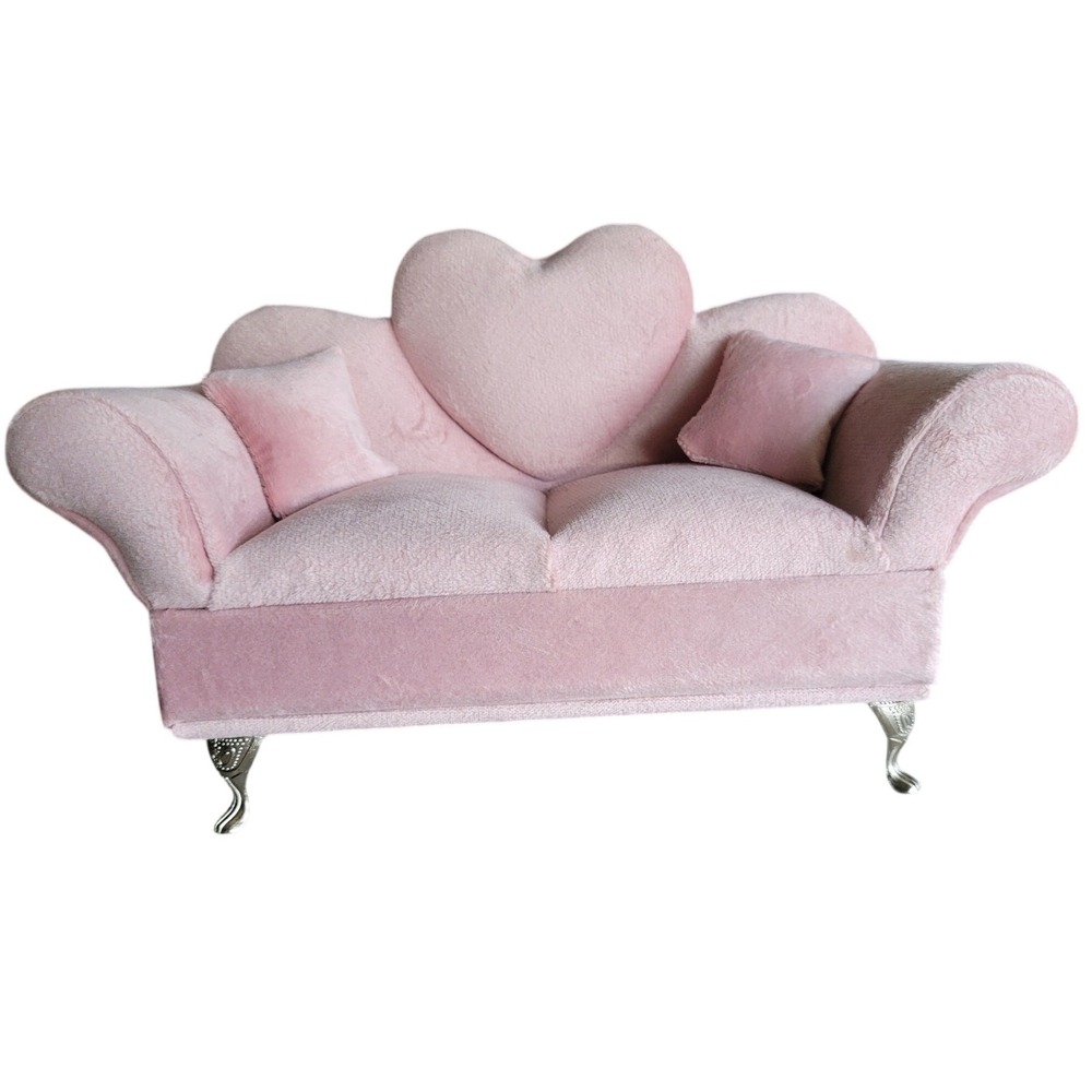 Pink Velvet Heart Sofa Jewelry Box Miniature Couch Organizer with Mirror Rings